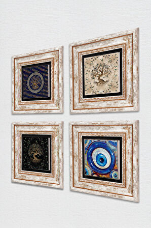 Nazar, Hayat Ağacı Taş Duvar Tablosu Çerçeveli Duvar Dekoru 4 Parça Tablo Seti Wall Art