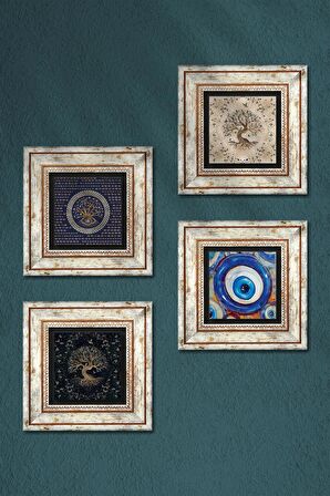 Nazar, Hayat Ağacı Taş Duvar Tablosu Çerçeveli Duvar Dekoru 4 Parça Tablo Seti Wall Art