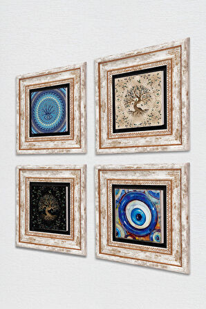 Nazar, Hayat Ağacı Taş Duvar Tablosu Çerçeveli Duvar Dekoru 4 Parça Tablo Seti Wall Art