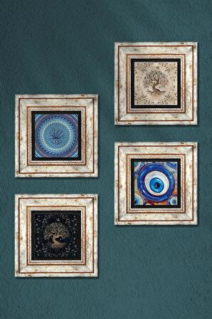 Nazar, Hayat Ağacı Taş Duvar Tablosu Çerçeveli Duvar Dekoru 4 Parça Tablo Seti Wall Art