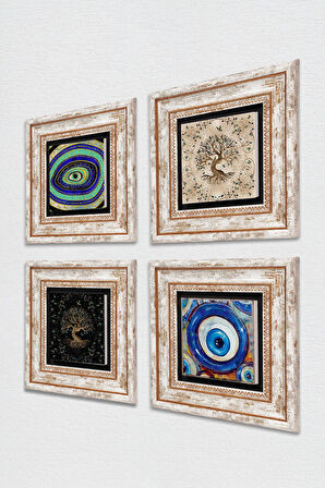 Nazar, Hayat Ağacı Taş Duvar Tablosu Çerçeveli Duvar Dekoru 4 Parça Tablo Seti Wall Art