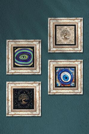 Nazar, Hayat Ağacı Taş Duvar Tablosu Çerçeveli Duvar Dekoru 4 Parça Tablo Seti Wall Art