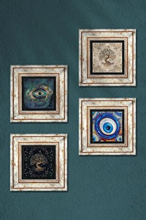 Nazar, Hayat Ağacı Taş Duvar Tablosu Çerçeveli Duvar Dekoru 4 Parça Tablo Seti Wall Art