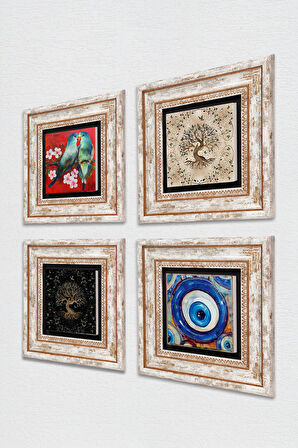 Nazar, Kuş, Hayat Ağacı Taş Duvar Tablosu Çerçeveli Duvar Dekoru 4 Parça Tablo Seti Wall Art