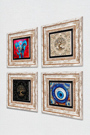 Nazar, Fil, Hayat Ağacı Taş Duvar Tablosu Çerçeveli Duvar Dekoru 4 Parça Tablo Seti Wall Art