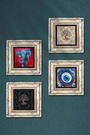 Nazar, Fil, Hayat Ağacı Taş Duvar Tablosu Çerçeveli Duvar Dekoru 4 Parça Tablo Seti Wall Art
