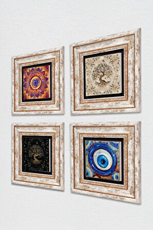 Nazar, Mandala, Hayat Ağacı Taş Duvar Tablosu Çerçeveli Duvar Dekoru 4 Parça Tablo Seti Wall Art