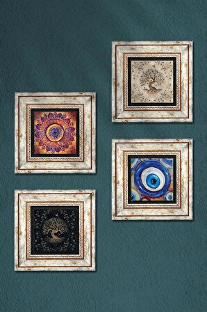 Nazar, Mandala, Hayat Ağacı Taş Duvar Tablosu Çerçeveli Duvar Dekoru 4 Parça Tablo Seti Wall Art