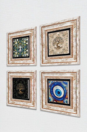 Nazar, Hayat Ağacı Taş Duvar Tablosu Çerçeveli Duvar Dekoru 4 Parça Tablo Seti Wall Art