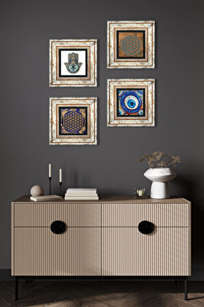 Nazar, Yaşam Çiçeği, Fatma Ana Eli (Hamsa) Taş Duvar Tablosu Çerçeveli Duvar Dekoru 4 Parça Tablo Seti Wall Art