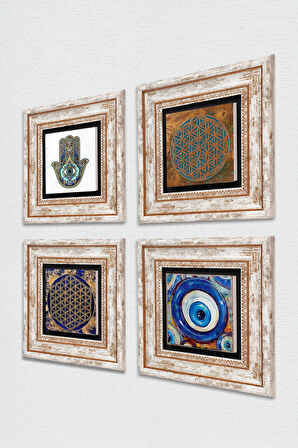 Nazar, Yaşam Çiçeği, Fatma Ana Eli (Hamsa) Taş Duvar Tablosu Çerçeveli Duvar Dekoru 4 Parça Tablo Seti Wall Art