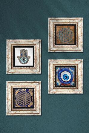 Nazar, Yaşam Çiçeği, Fatma Ana Eli (Hamsa) Taş Duvar Tablosu Çerçeveli Duvar Dekoru 4 Parça Tablo Seti Wall Art
