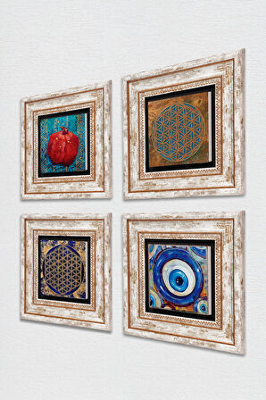 Nazar, Yaşam Çiçeği, Nar Taş Duvar Tablosu Çerçeveli Duvar Dekoru 4 Parça Tablo Seti Wall Art