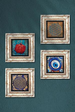 Nazar, Yaşam Çiçeği, Nar Taş Duvar Tablosu Çerçeveli Duvar Dekoru 4 Parça Tablo Seti Wall Art