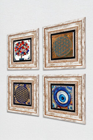 Nazar, Yaşam Çiçeği, Nar Ağacı Taş Duvar Tablosu Çerçeveli Duvar Dekoru 4 Parça Tablo Seti Wall Art