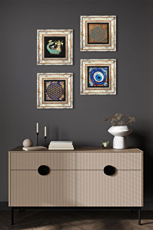 Nazar, Yaşam Çiçeği, Şahmeran Taş Duvar Tablosu Çerçeveli Duvar Dekoru 4 Parça Tablo Seti Wall Art