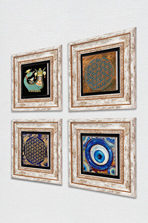 Nazar, Yaşam Çiçeği, Şahmeran Taş Duvar Tablosu Çerçeveli Duvar Dekoru 4 Parça Tablo Seti Wall Art