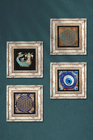 Nazar, Yaşam Çiçeği, Şahmeran Taş Duvar Tablosu Çerçeveli Duvar Dekoru 4 Parça Tablo Seti Wall Art