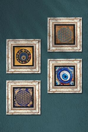 Yaşam Çiçeği, Nazar Taş Duvar Tablosu Çerçeveli Duvar Dekoru 4 Parça Tablo Seti Wall Art