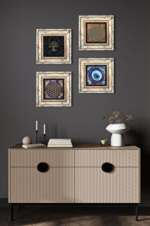 Nazar, Yaşam Çiçeği, Hayat Ağacı Taş Duvar Tablosu Çerçeveli Duvar Dekoru 4 Parça Tablo Seti Wall Art