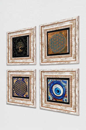 Nazar, Yaşam Çiçeği, Hayat Ağacı Taş Duvar Tablosu Çerçeveli Duvar Dekoru 4 Parça Tablo Seti Wall Art
