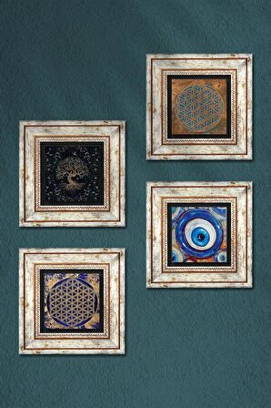 Nazar, Yaşam Çiçeği, Hayat Ağacı Taş Duvar Tablosu Çerçeveli Duvar Dekoru 4 Parça Tablo Seti Wall Art