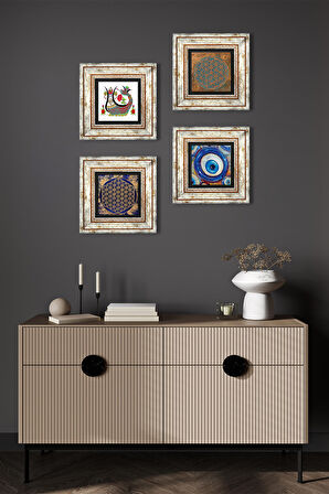 Nazar, Yaşam Çiçeği, Şahmeran Taş Duvar Tablosu Çerçeveli Duvar Dekoru 4 Parça Tablo Seti Wall Art