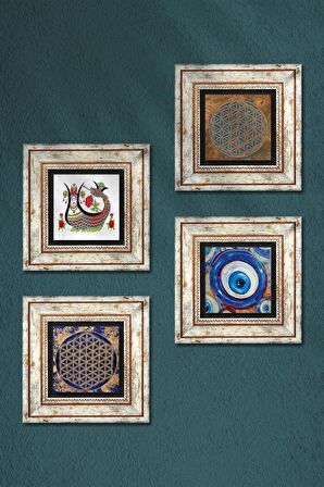 Nazar, Yaşam Çiçeği, Şahmeran Taş Duvar Tablosu Çerçeveli Duvar Dekoru 4 Parça Tablo Seti Wall Art