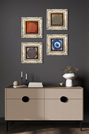 Nazar, Yaşam Çiçeği, Mandala Taş Duvar Tablosu Çerçeveli Duvar Dekoru 4 Parça Tablo Seti Wall Art