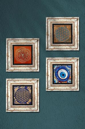 Nazar, Yaşam Çiçeği, Sri Yantra Taş Duvar Tablosu Çerçeveli Duvar Dekoru 4 Parça Tablo Seti Wall Art