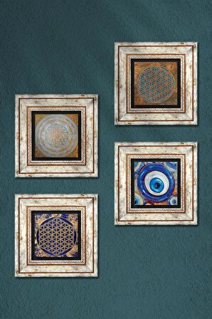 Nazar, Yaşam Çiçeği, Sri Yantra Taş Duvar Tablosu Çerçeveli Duvar Dekoru 4 Parça Tablo Seti Wall Art