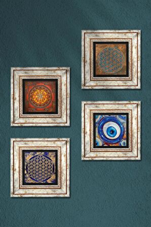 Nazar, Yaşam Çiçeği, Sri Yantra Taş Duvar Tablosu Çerçeveli Duvar Dekoru 4 Parça Tablo Seti Wall Art