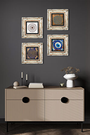 Nazar, Yaşam Çiçeği Taş Duvar Tablosu Çerçeveli Duvar Dekoru 4 Parça Tablo Seti Wall Art