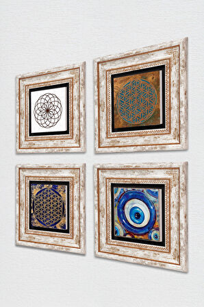 Nazar, Yaşam Çiçeği Taş Duvar Tablosu Çerçeveli Duvar Dekoru 4 Parça Tablo Seti Wall Art