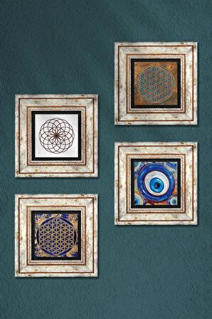 Nazar, Yaşam Çiçeği Taş Duvar Tablosu Çerçeveli Duvar Dekoru 4 Parça Tablo Seti Wall Art