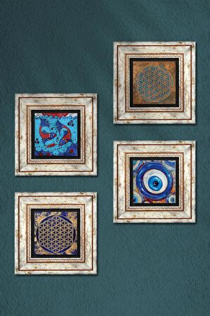 Nazar, Çini Sanatı Balık, Yaşam Çiçeği Taş Duvar Tablosu Çerçeveli Duvar Dekoru 4 Parça Tablo Seti Wall Art