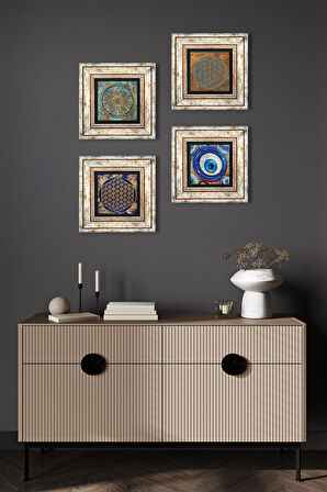 Nazar, Yaşam Çiçeği Taş Duvar Tablosu Çerçeveli Duvar Dekoru 4 Parça Tablo Seti Wall Art
