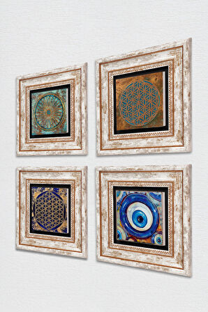 Nazar, Yaşam Çiçeği Taş Duvar Tablosu Çerçeveli Duvar Dekoru 4 Parça Tablo Seti Wall Art