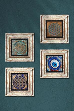 Nazar, Yaşam Çiçeği Taş Duvar Tablosu Çerçeveli Duvar Dekoru 4 Parça Tablo Seti Wall Art