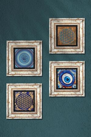 Nazar, Yaşam Çiçeği Taş Duvar Tablosu Çerçeveli Duvar Dekoru 4 Parça Tablo Seti Wall Art