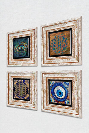 Nazar, Yaşam Çiçeği Taş Duvar Tablosu Çerçeveli Duvar Dekoru 4 Parça Tablo Seti Wall Art