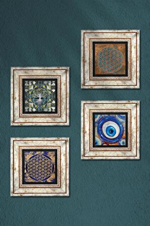 Nazar, Hayat Ağacı, Yaşam Çiçeği Taş Duvar Tablosu Çerçeveli Duvar Dekoru 4 Parça Tablo Seti Wall Art