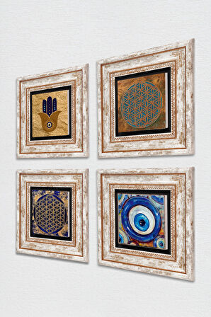 Fatma Ana Eli (Hamsa), Nazar, Yaşam Çiçeği Taş Duvar Tablosu Çerçeveli Duvar Dekoru 4 Parça Tablo Seti Wall Art
