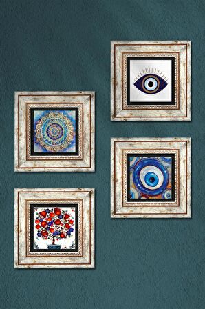 Nazar, Mandala, Nar Ağacı Taş Duvar Tablosu Çerçeveli Duvar Dekoru 4 Parça Tablo Seti Wall Art