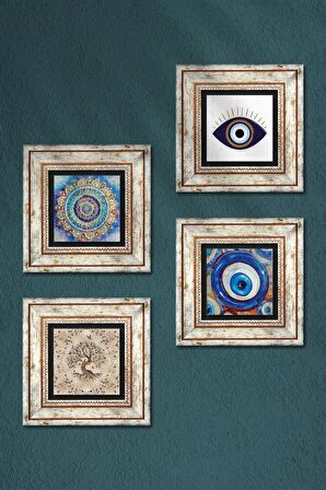Nazar, Mandala, Hayat Ağacı Taş Duvar Tablosu Çerçeveli Duvar Dekoru 4 Parça Tablo Seti Wall Art