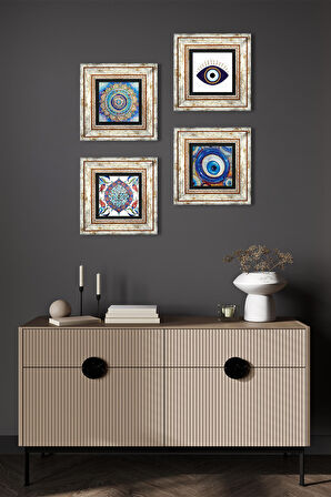 Nazar, Mandala, Çini Sanatı Taş Duvar Tablosu Çerçeveli Duvar Dekoru 4 Parça Tablo Seti Wall Art