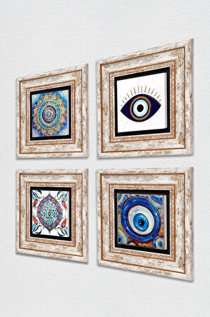 Nazar, Mandala, Çini Sanatı Taş Duvar Tablosu Çerçeveli Duvar Dekoru 4 Parça Tablo Seti Wall Art