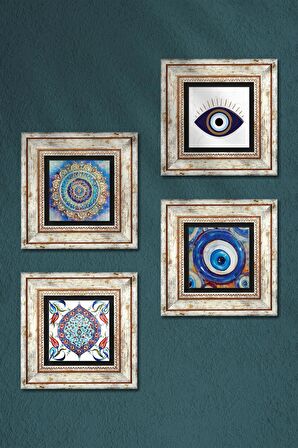 Nazar, Mandala, Çini Sanatı Taş Duvar Tablosu Çerçeveli Duvar Dekoru 4 Parça Tablo Seti Wall Art