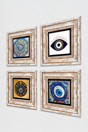Mandala, Nazar Taş Duvar Tablosu Çerçeveli Duvar Dekoru 4 Parça Tablo Seti Wall Art