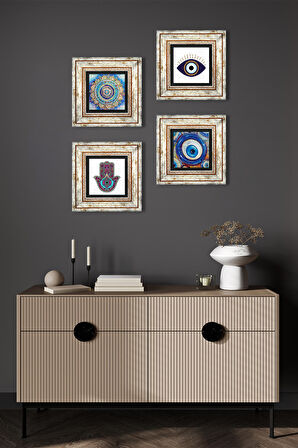 Nazar, Mandala, Fatma Ana Eli (Hamsa) Taş Duvar Tablosu Çerçeveli Duvar Dekoru 4 Parça Tablo Seti Wall Art